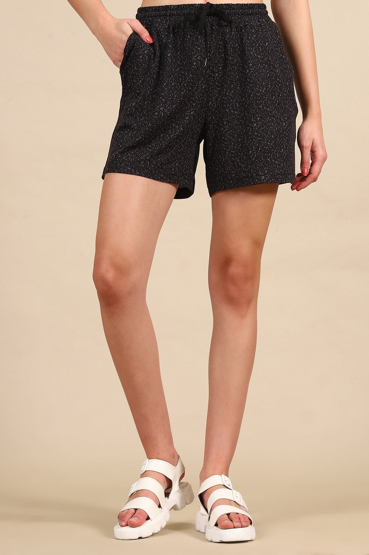 Elleven Women's Black Abstract Printed Loose Fit Shorts With Drawstring - XS