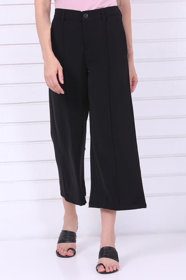 Elleven Women's Black Solid Calf Length Culottes with YKK Zipper