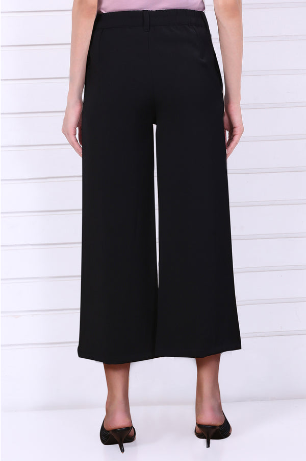 Elleven Women's Black Solid Calf Length Culottes with YKK Zipper