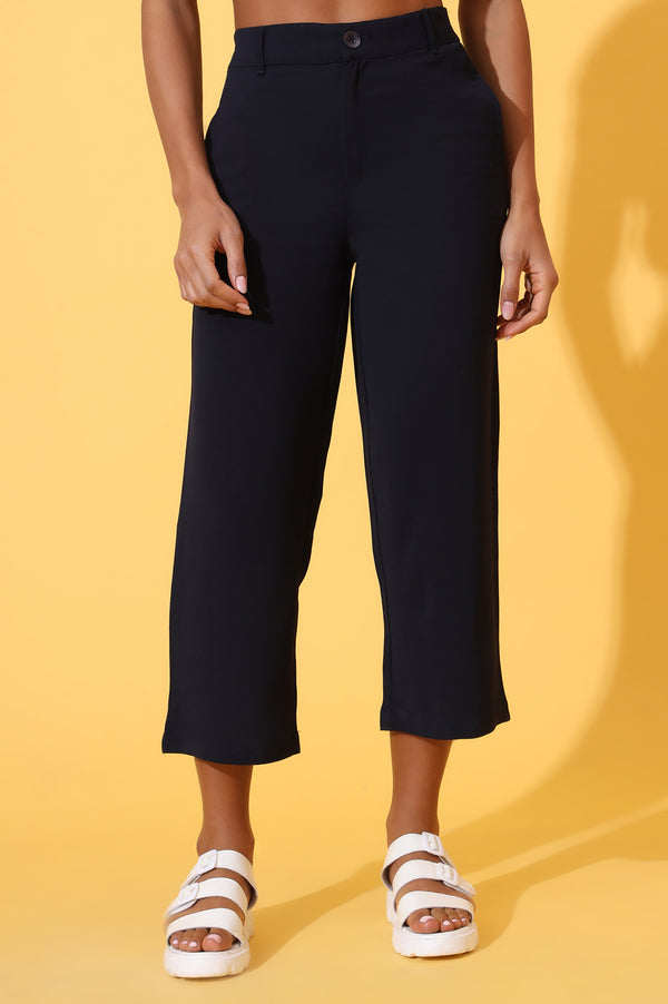 Elleven Women's Navy Blue Solid Straight Western Culottes with YKK Zipper