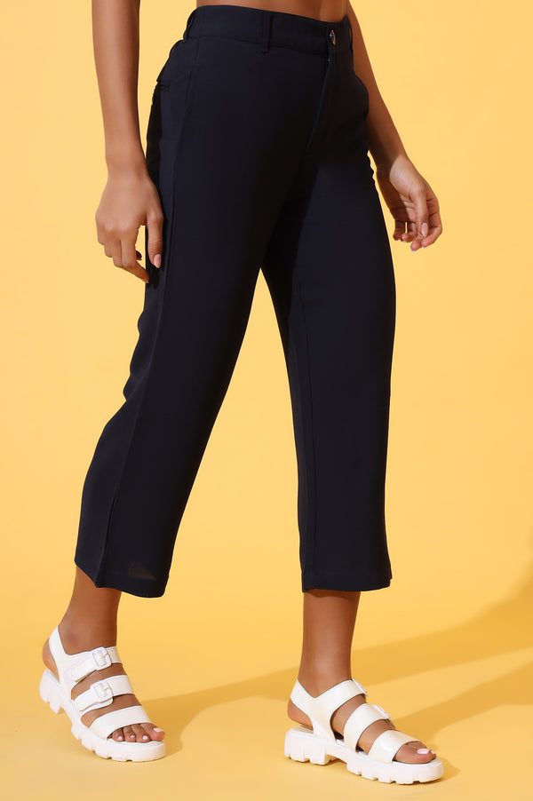 Elleven Women's Navy Blue Solid Straight Western Culottes with YKK Zipper