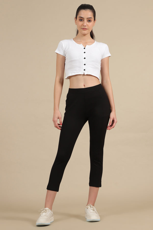 Elleven Women's Black Solid Skinny Fit Yoga Tights With Elasticated Waist