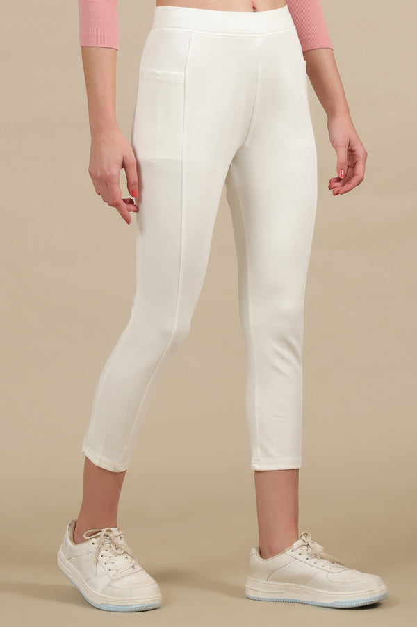 Elleven Women's Off White Solid Skinny Fit Knit Yoga Tights with Elasticated Waist
