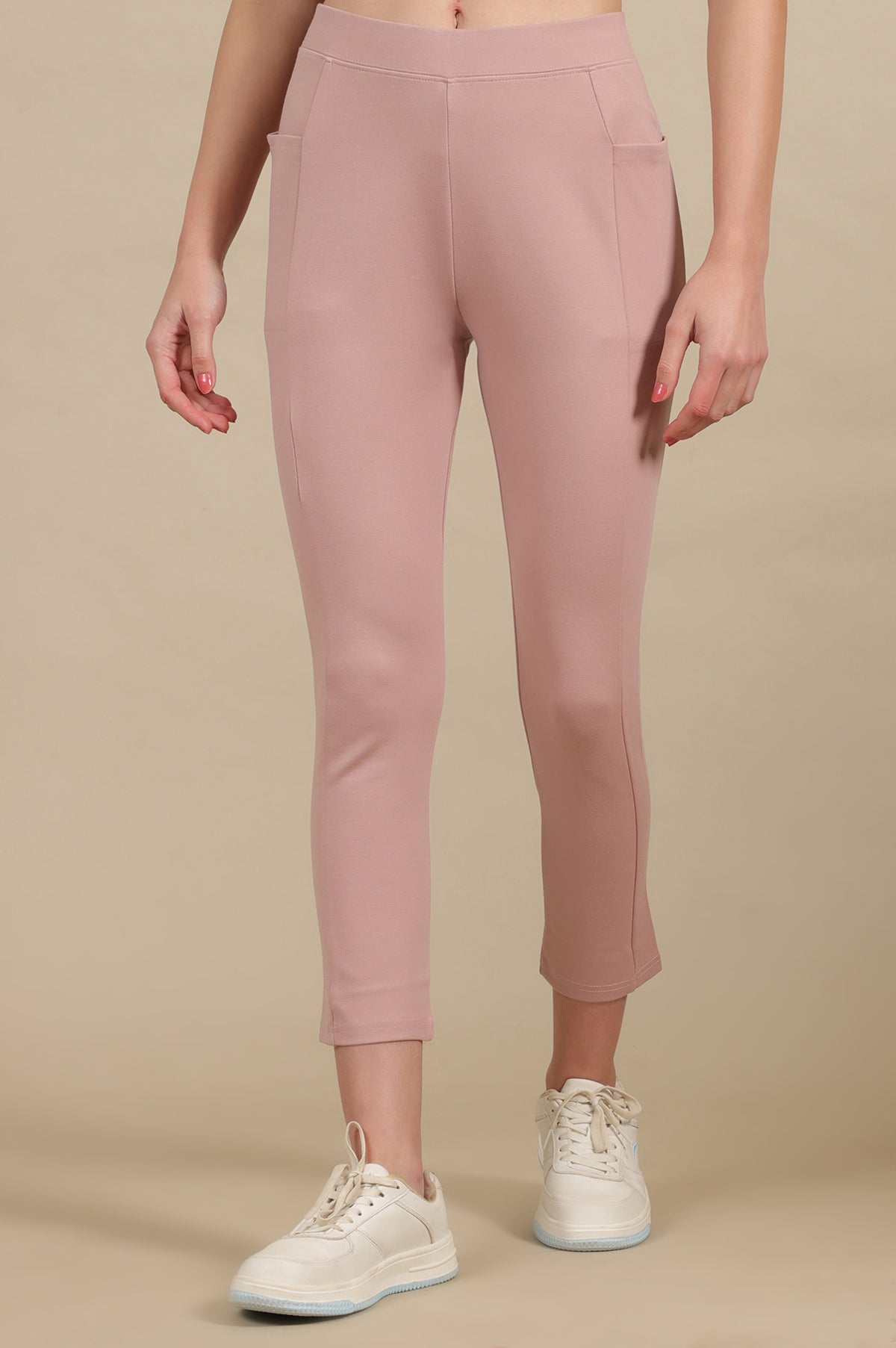 Elleven Women's Pink Solid Skinny Fit Yoga Tights With Elasticated Waistband - M