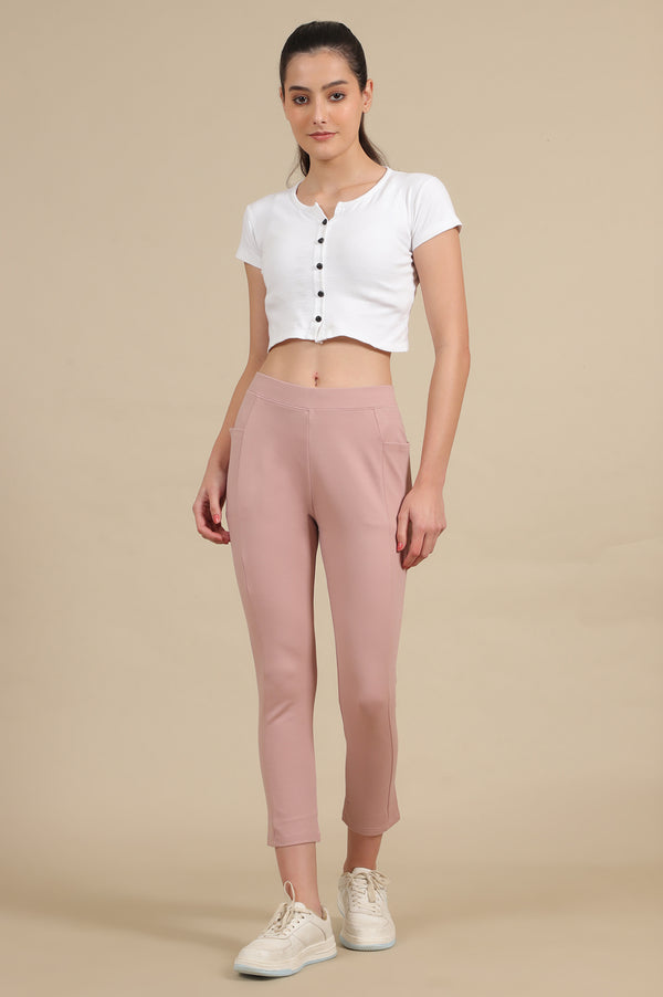 Elleven Women's Pink Solid Skinny Fit Yoga Tights With Elasticated Waistband
