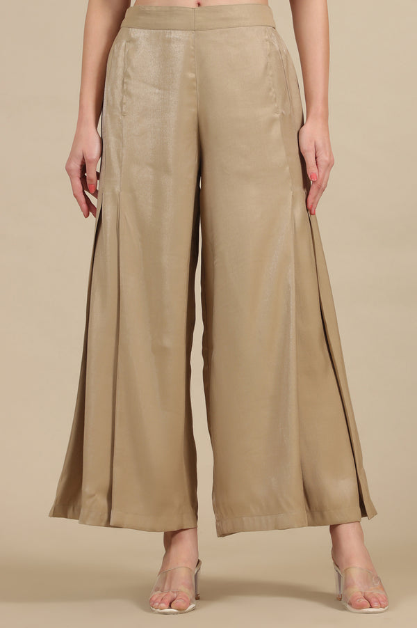 Gold Solid Flared Rayon Palazzo With Pleated Detail
