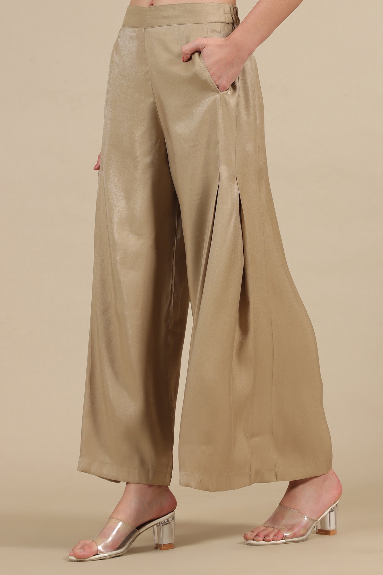 Gold Solid Flared Rayon Palazzo With Pleated Detail