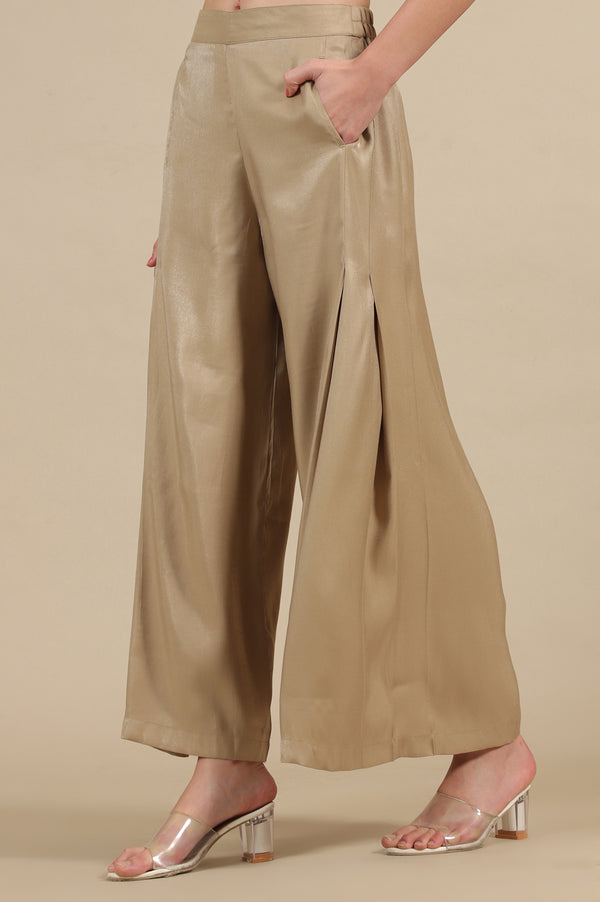 Gold Solid Flared Rayon Palazzo With Pleated Detail