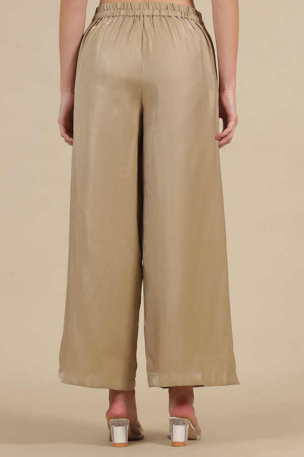 Elleven Women's Gold Solid Flared Rayon Palazzo With Pleated Detail