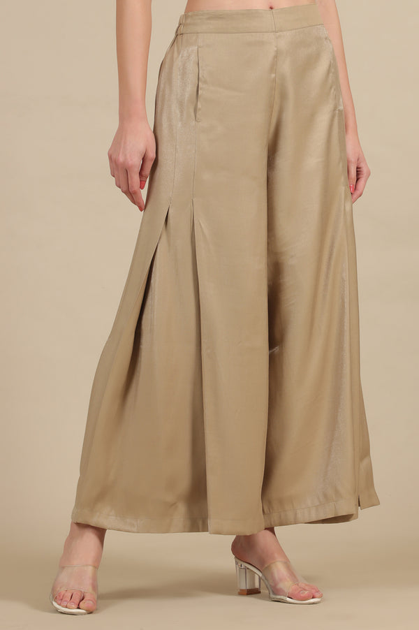 Elleven Women's Gold Solid Flared Rayon Palazzo With Pleated Detail