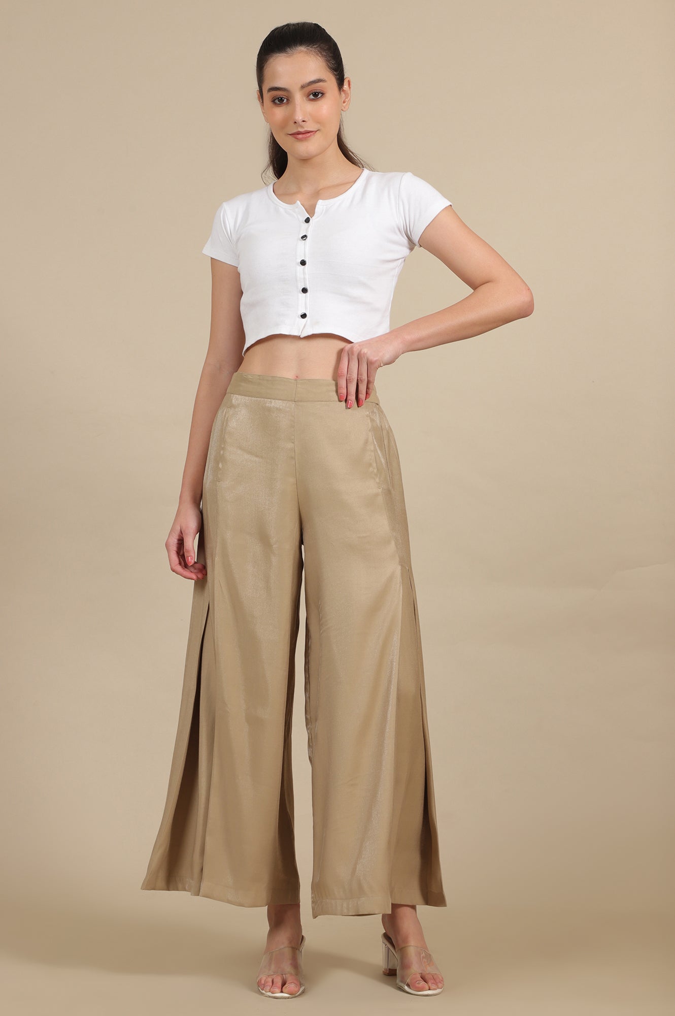 Gold Solid Flared Rayon Palazzo With Pleated Detail