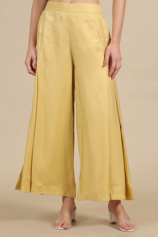 Elleven Women's Yellow Solid Flared Rayon Palazzo With Pleats
