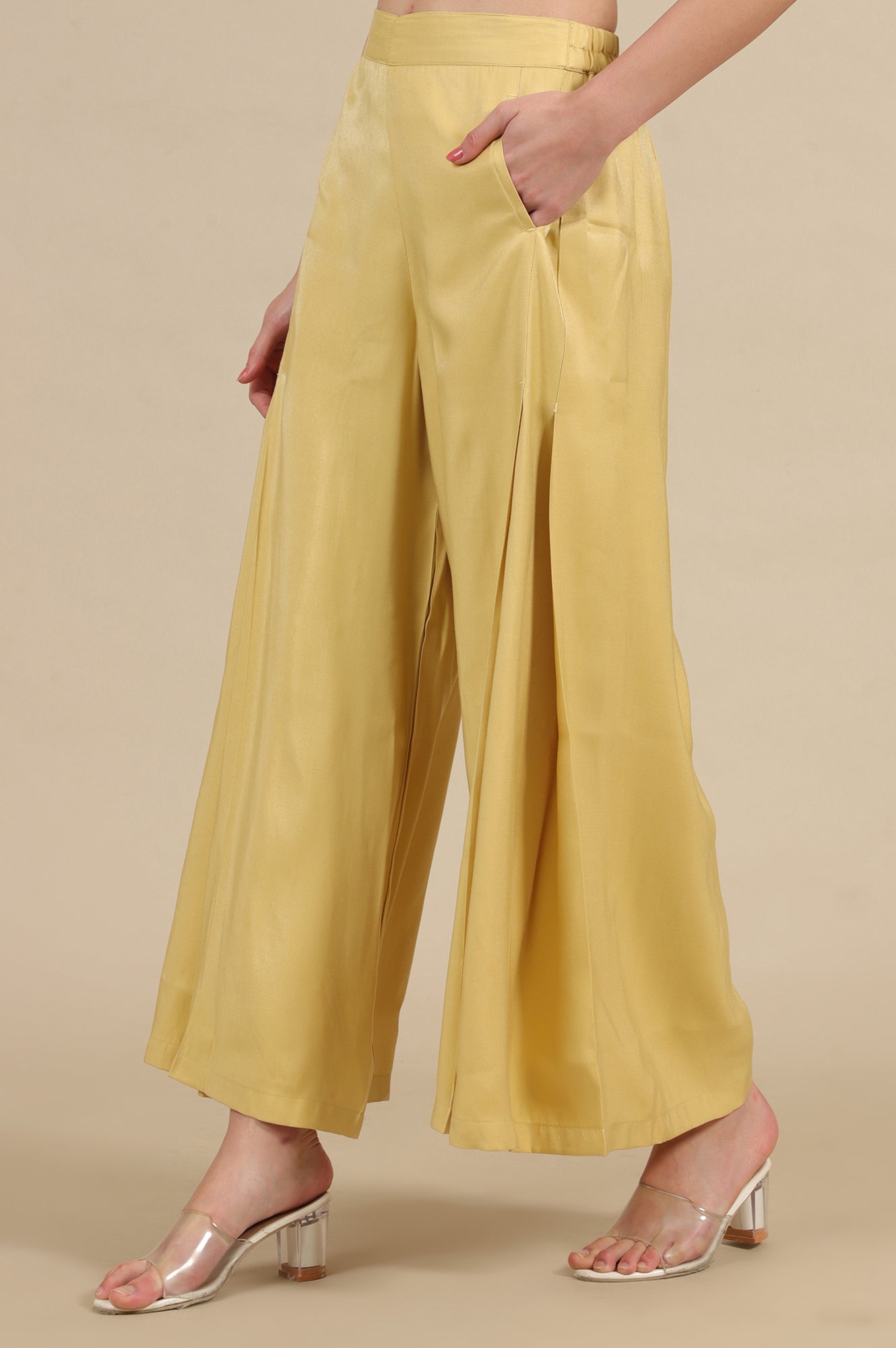 Yellow Solid Flared Rayon Palazzo With Pleats
