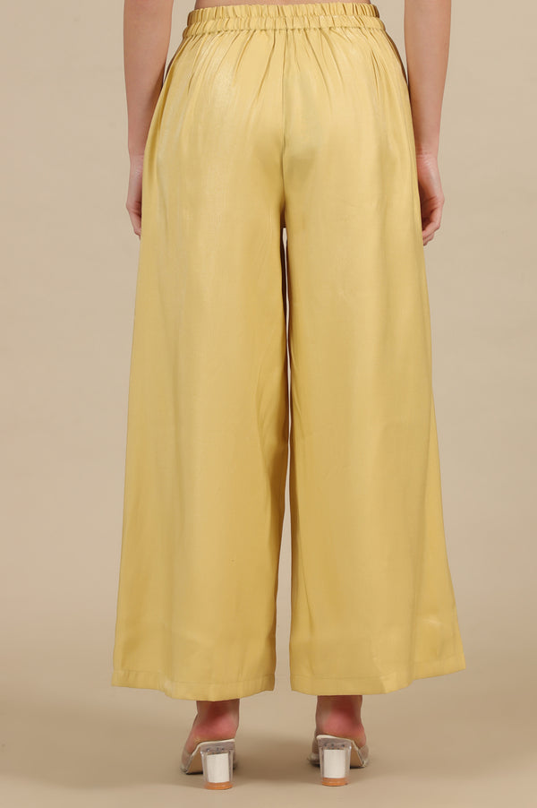 Elleven Women's Yellow Solid Flared Rayon Palazzo With Pleats