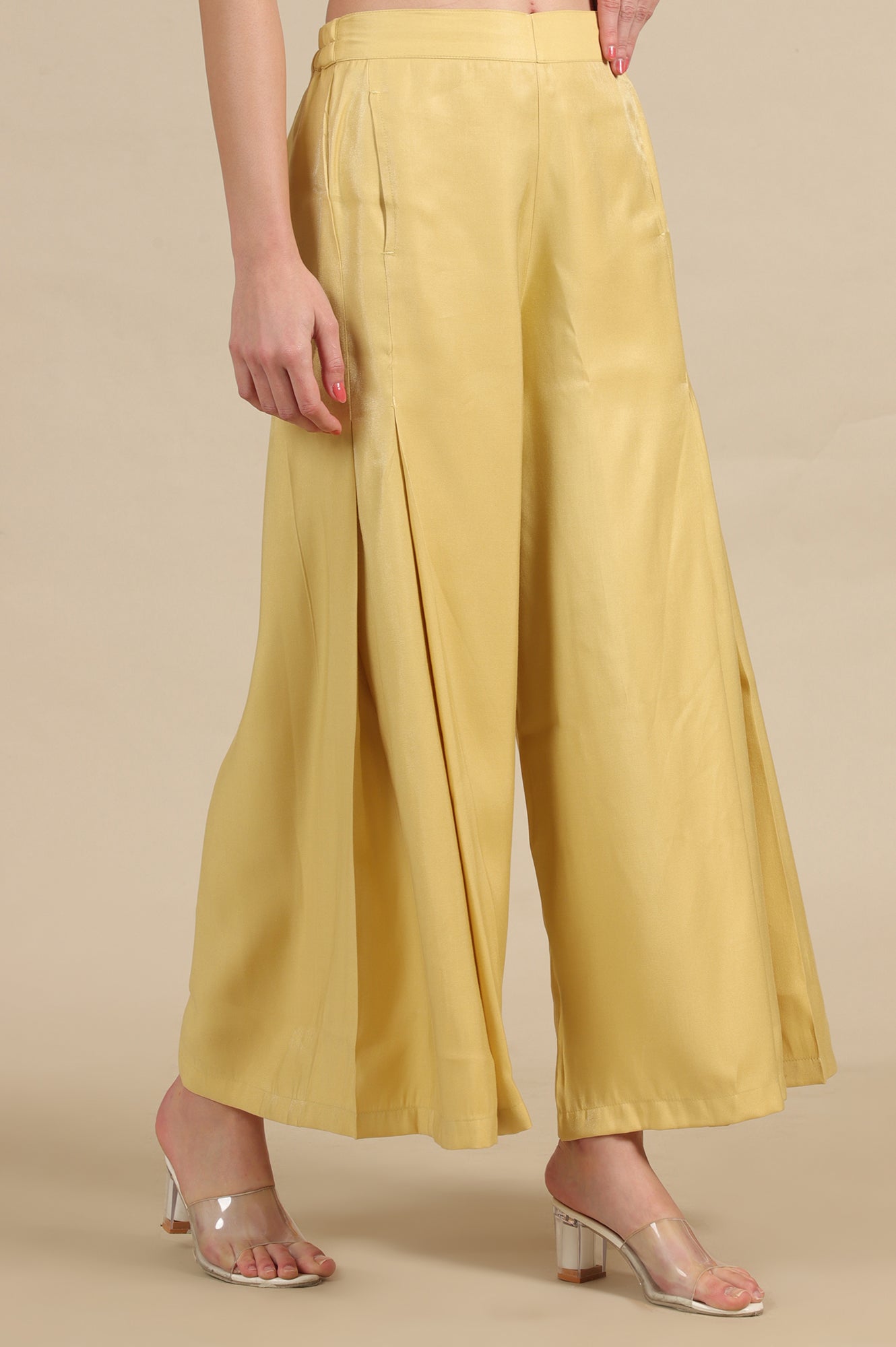 Yellow Solid Flared Rayon Palazzo With Pleats