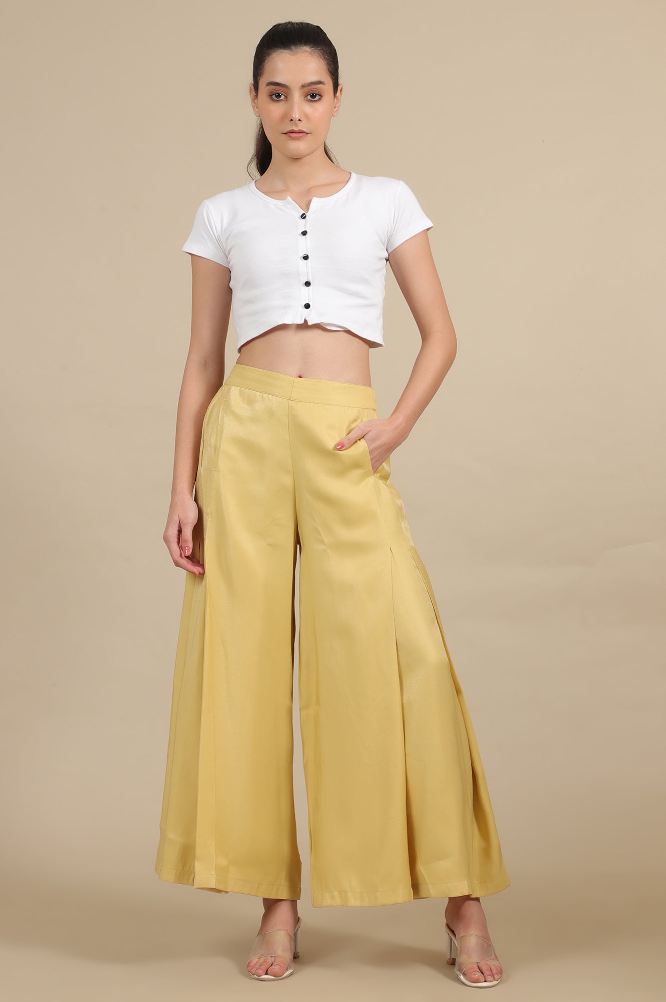 Yellow Solid Flared Rayon Palazzo With Pleats