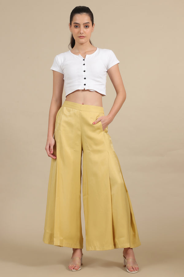 Elleven Women's Yellow Solid Flared Rayon Palazzo With Pleats