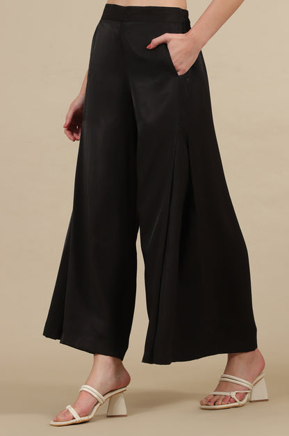 Black Solid Flared Rayon Palazzo With Pleated Detail