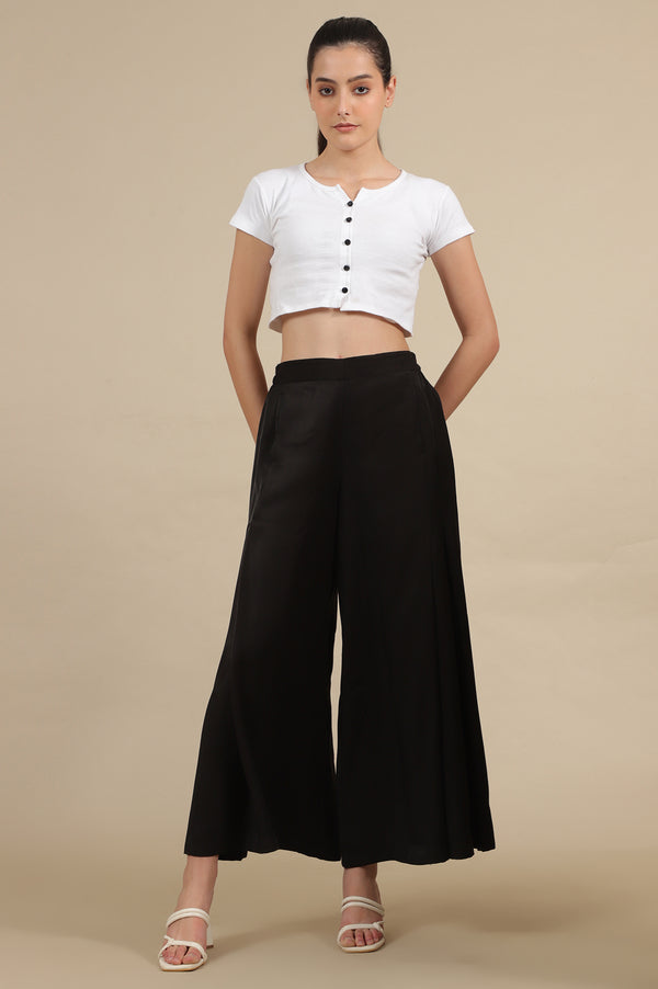 Black Solid Flared Rayon Palazzo With Pleated Detail