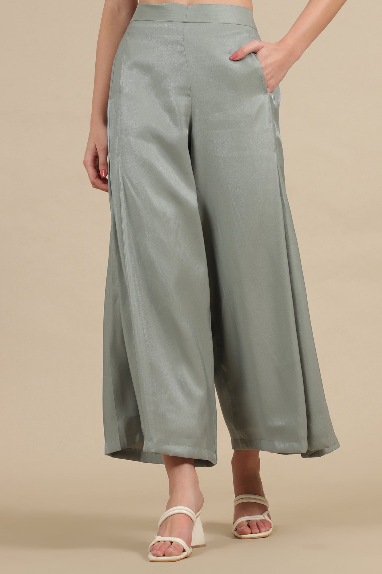 Grey Solid Flared Rayon Palazzo With Pleated Detail