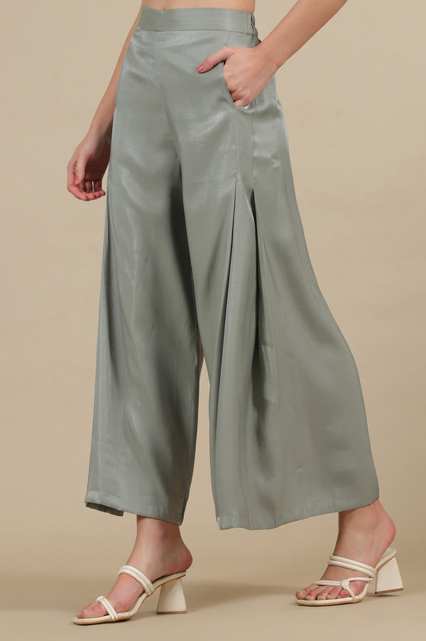 Elleven Women's Grey Solid Flared Rayon Palazzo With Pleated Detail