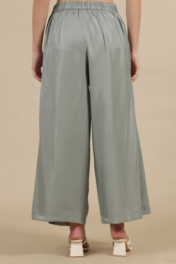 Elleven Women's Grey Solid Flared Rayon Palazzo With Pleated Detail