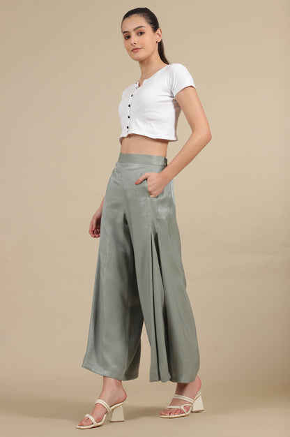 Grey Solid Flared Rayon Palazzo With Pleated Detail