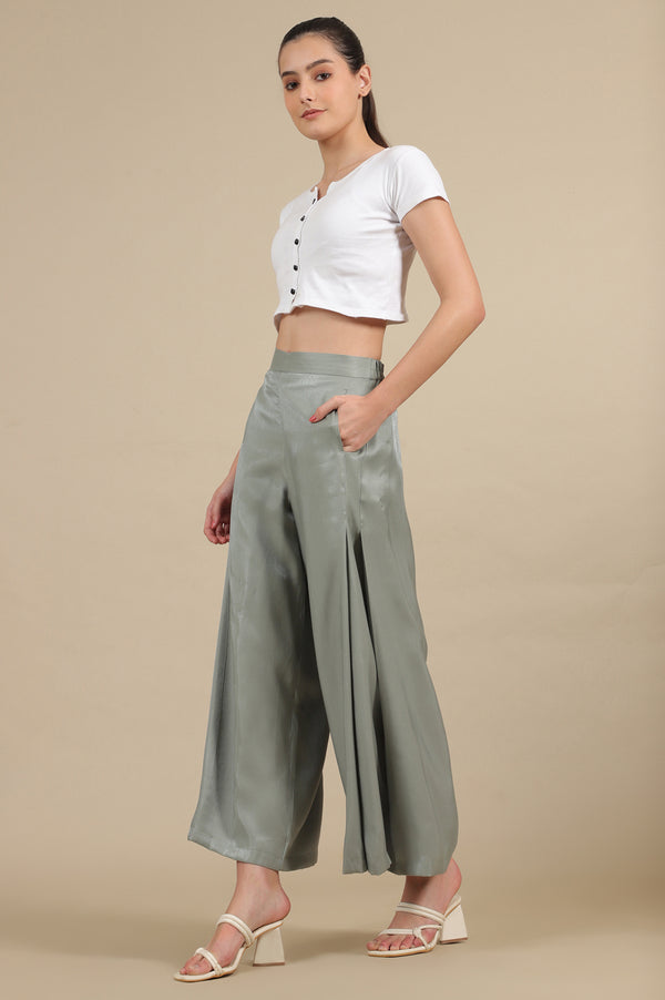 Elleven Women's Grey Solid Flared Rayon Palazzo With Pleated Detail
