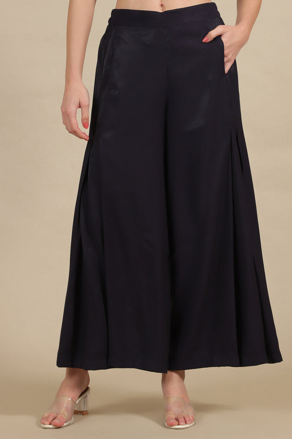 Elleven Women's Blue Solid Flared Rayon Palazzo With Pleats