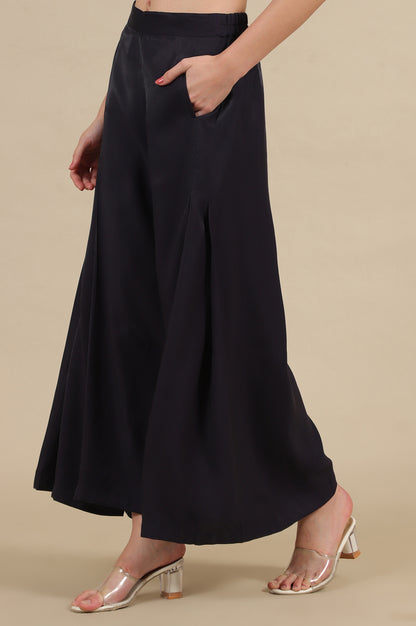 Blue Solid Flared Rayon Palazzo With Pleats