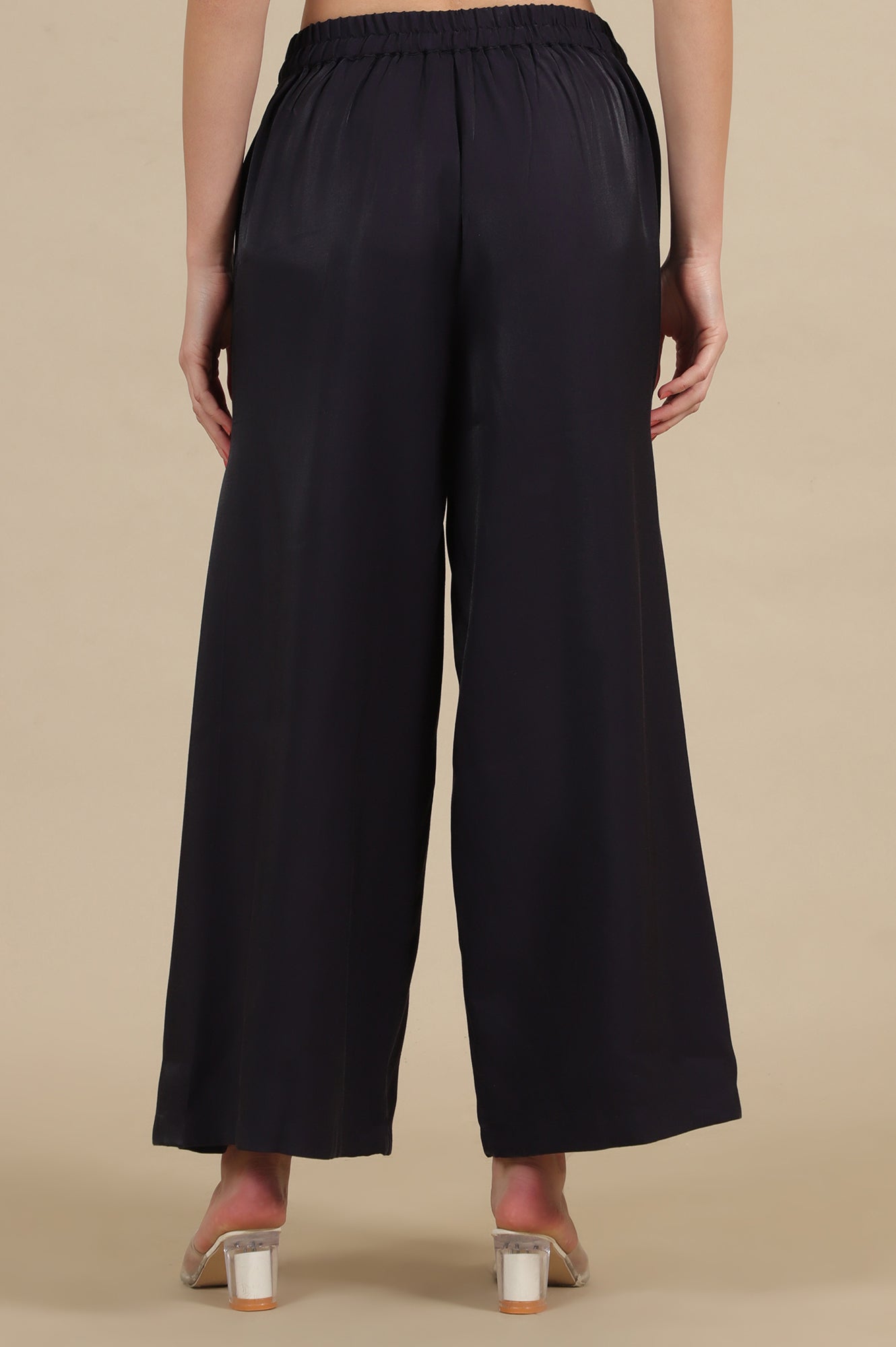 Blue Solid Flared Rayon Palazzo With Pleats