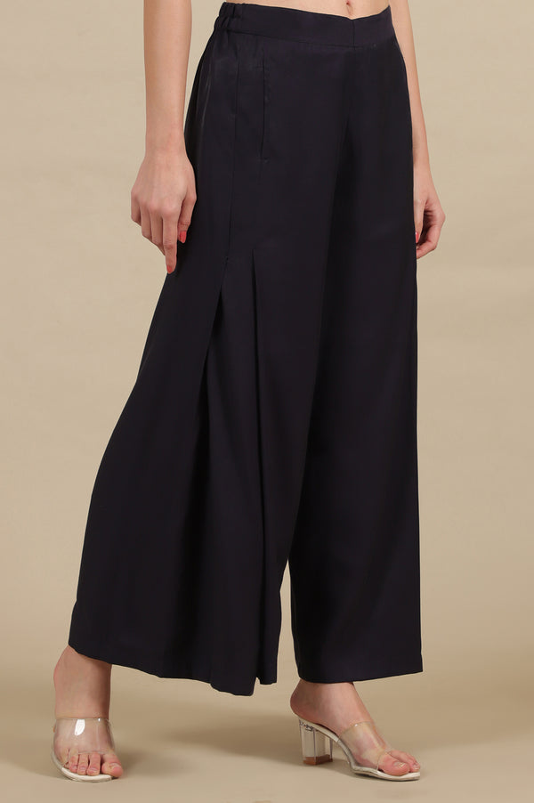 Elleven Women's Blue Solid Flared Rayon Palazzo With Pleats