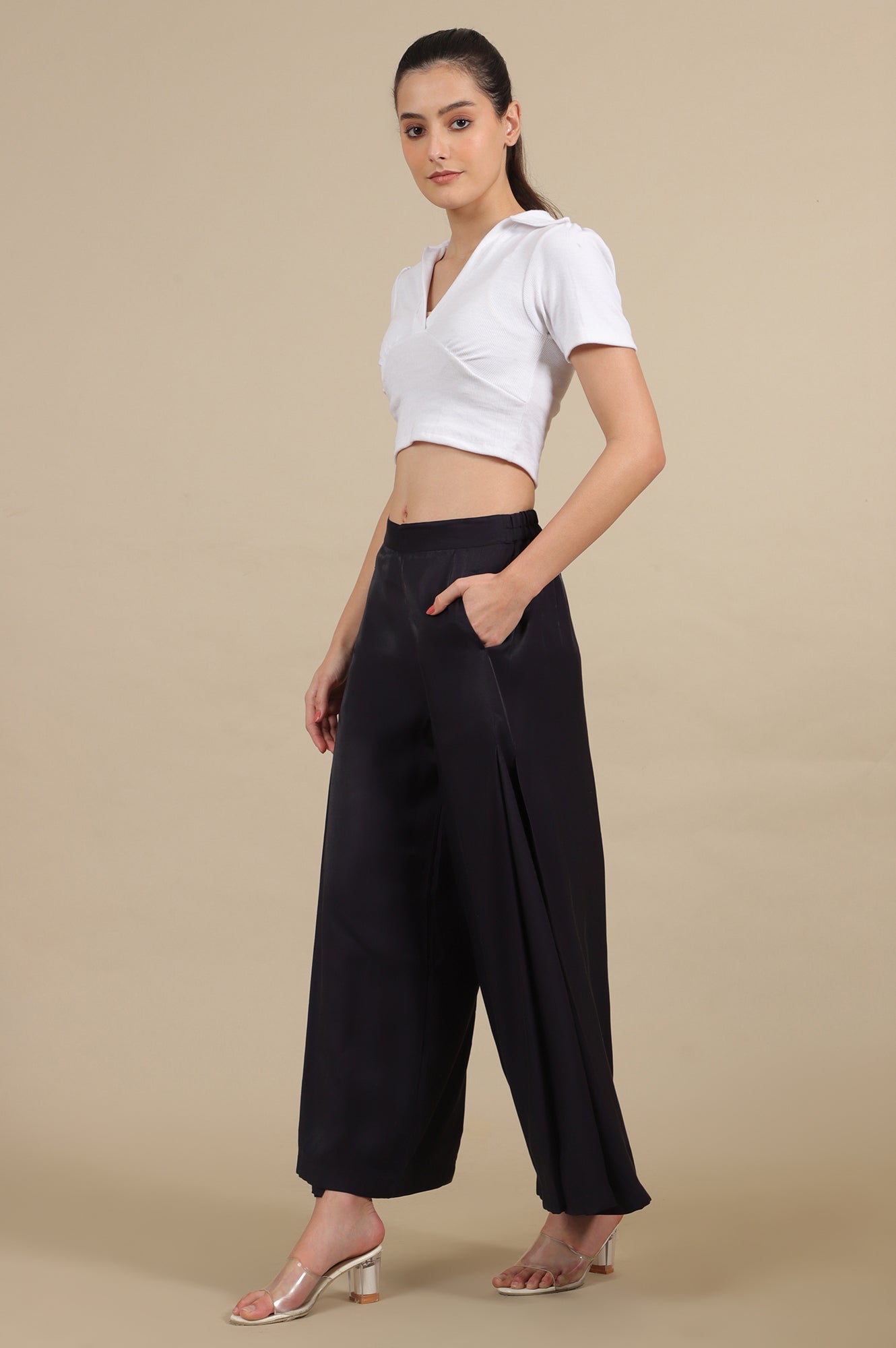 Blue Solid Flared Rayon Palazzo With Pleats