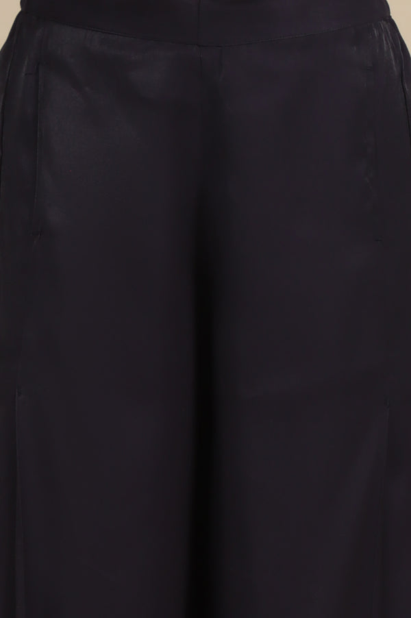 Elleven Women's Blue Solid Flared Rayon Palazzo With Pleats