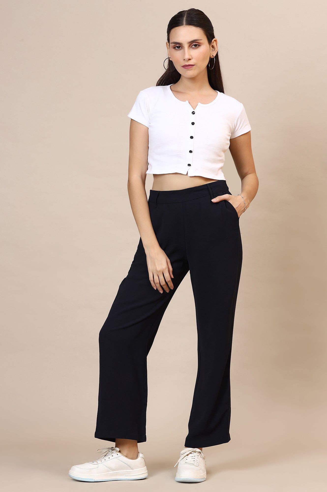 Navy Blue Solid Straight Western Wear Palazzo Pants