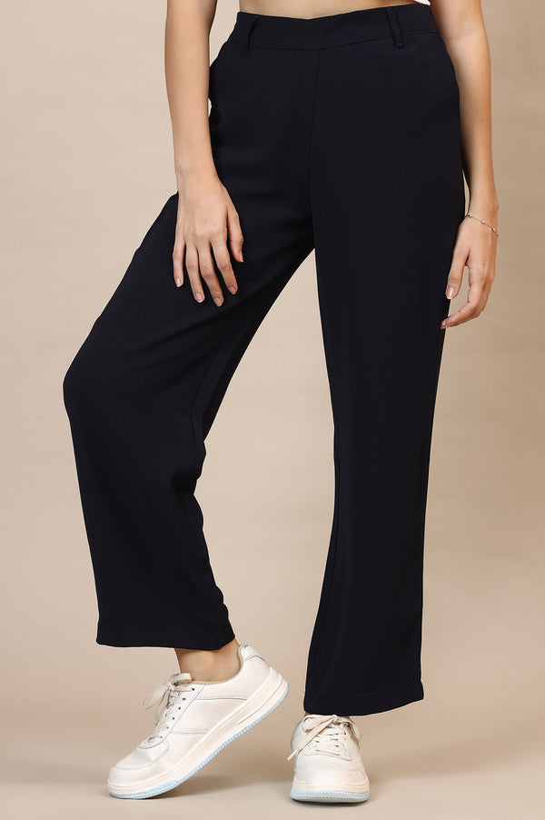 Elleven Women's Navy Blue Solid Straight Western Wear Palazzo Pants
