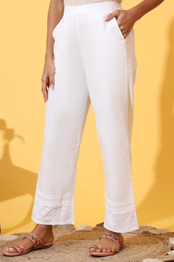 Elleven Women's White Solid Schiffli Embroidered Pure Cotton Palazzo Pants