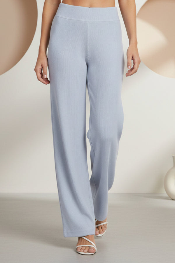 Elleven Women's Blue Solid Wide Leg High Rise Corduroy Palazzo