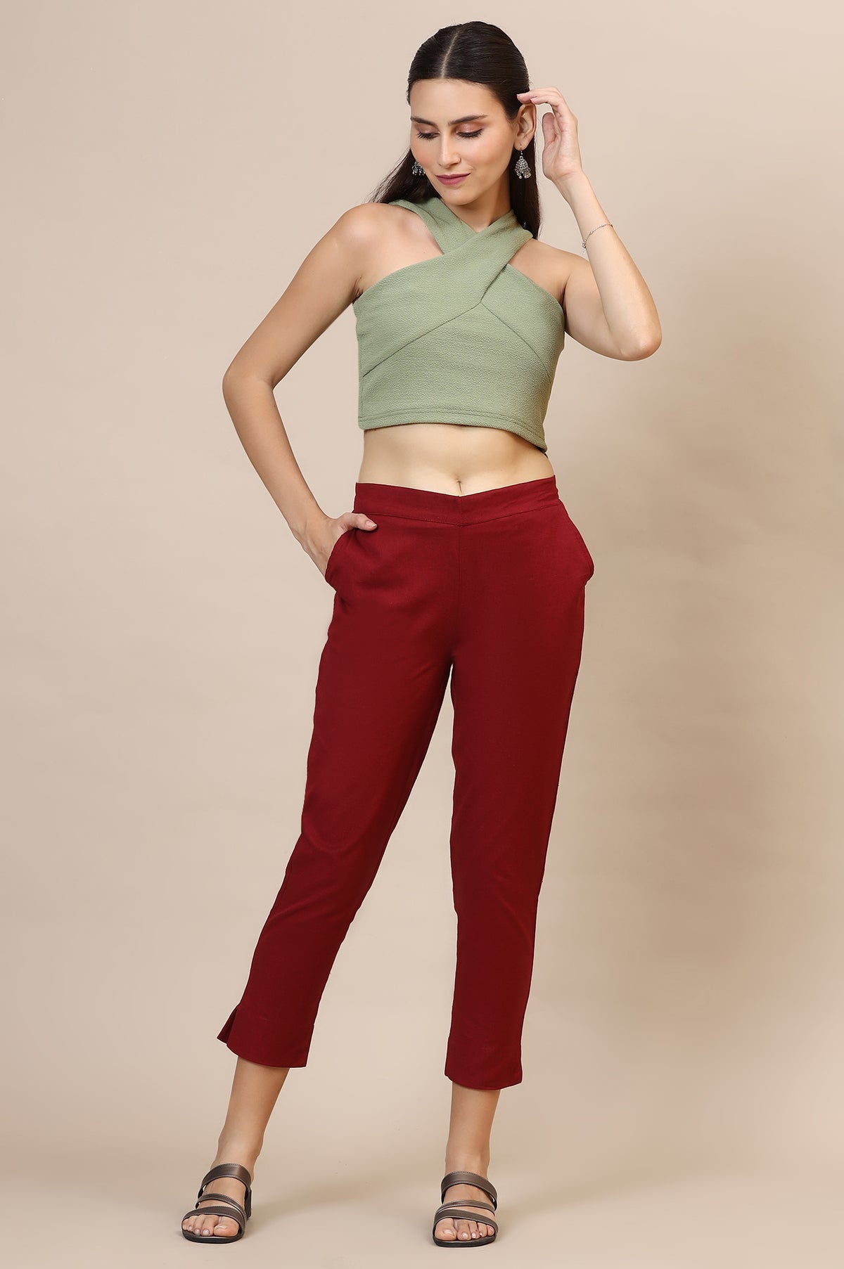 Elleven Women's Maroon Solid Straight Fit Cotton Trousers With Elasticated Waist - XS
