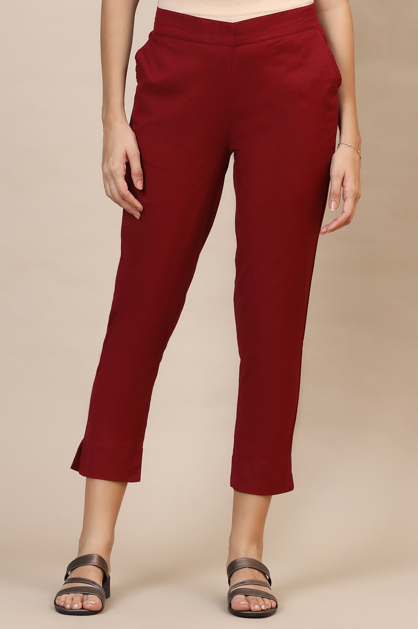 Maroon Solid Straight Fit Cotton Trousers With Elasticated Waist