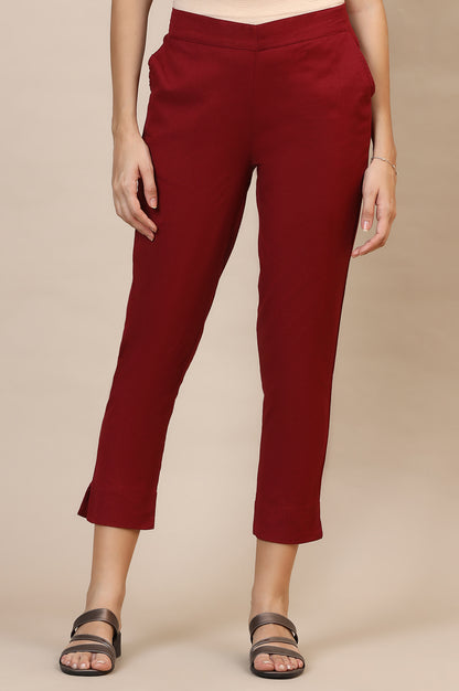 Maroon Solid Straight Fit Cotton Trousers With Elasticated Waist