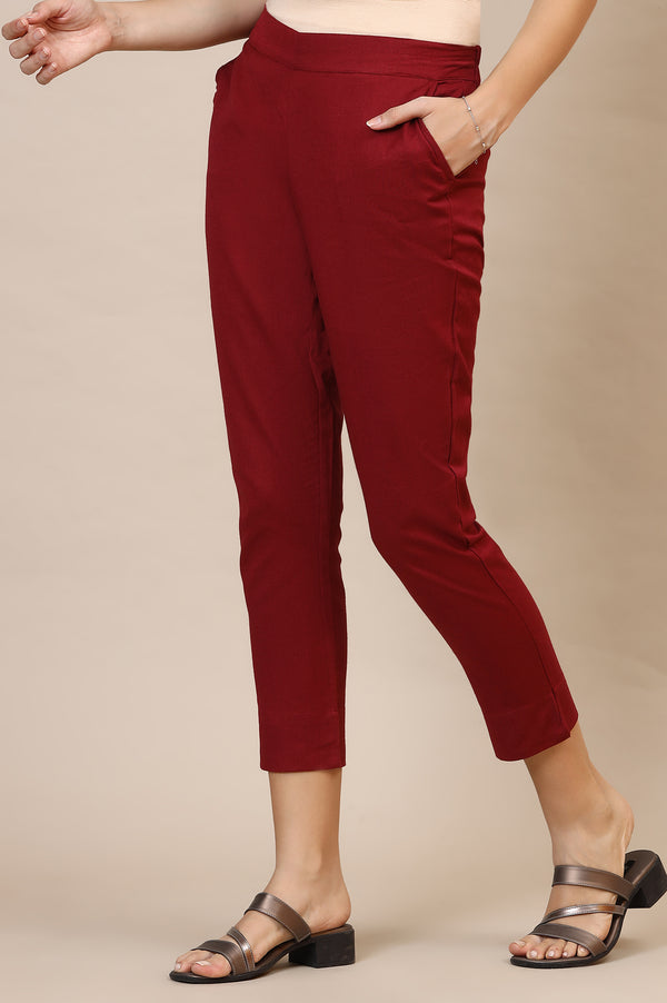 Maroon Solid Straight Fit Cotton Trousers With Elasticated Waist