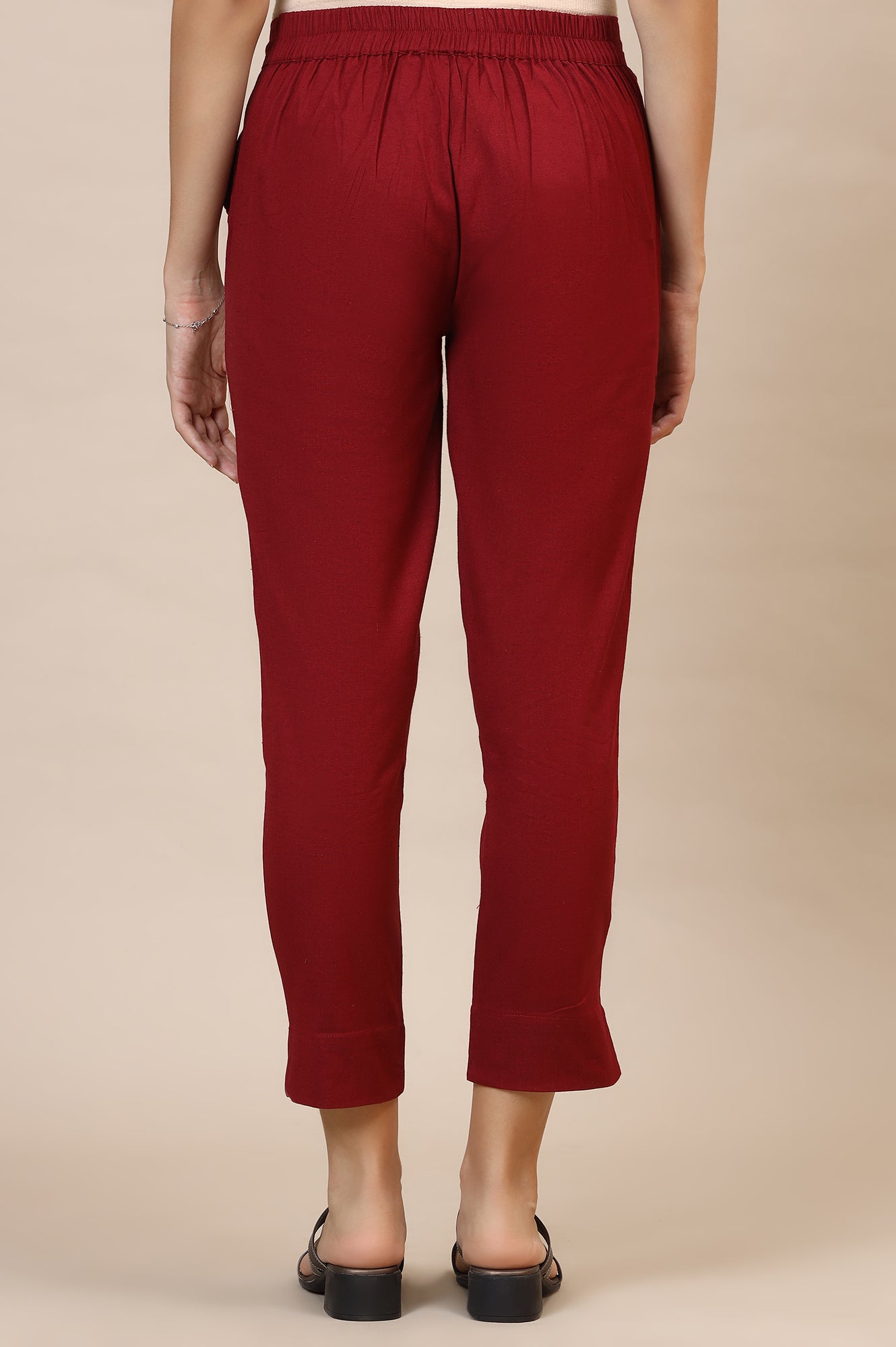 Maroon Solid Straight Fit Cotton Trousers With Elasticated Waist