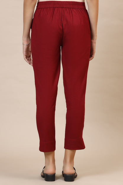 Maroon Solid Straight Fit Cotton Trousers With Elasticated Waist