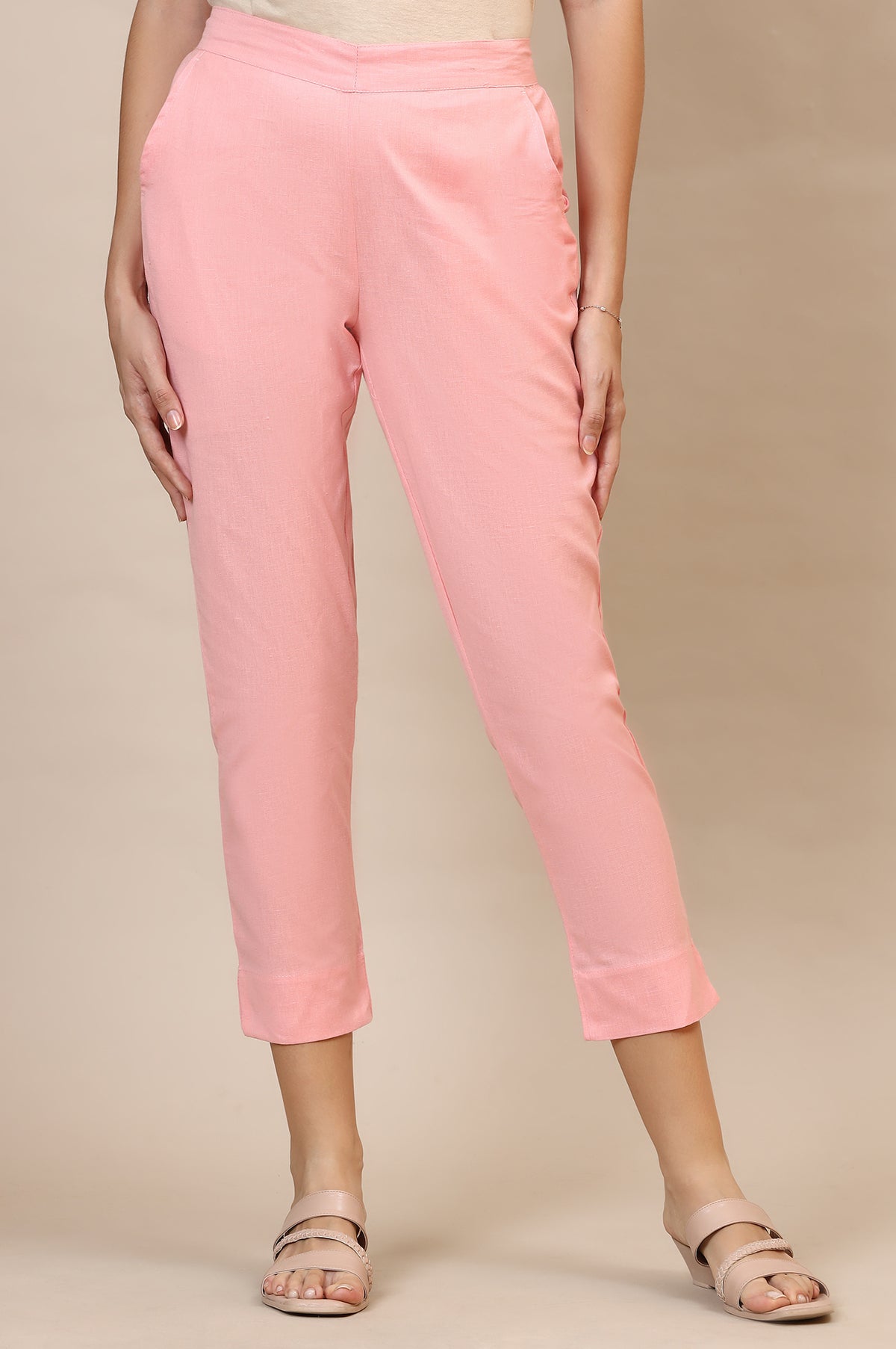 Elleven Women's Pink Solid Slim Fit Cotton Trousers With Elasticated Waist - XS
