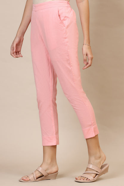 Pink Solid Slim Fit Cotton Trousers With Elasticated Waist