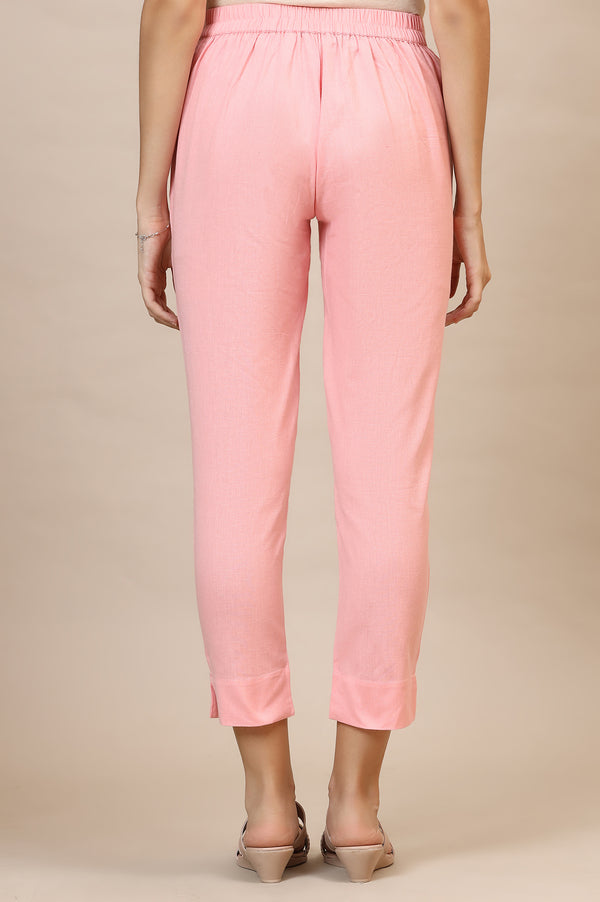 Elleven Women's Pink Solid Slim Fit Cotton Trousers With Elasticated Waist