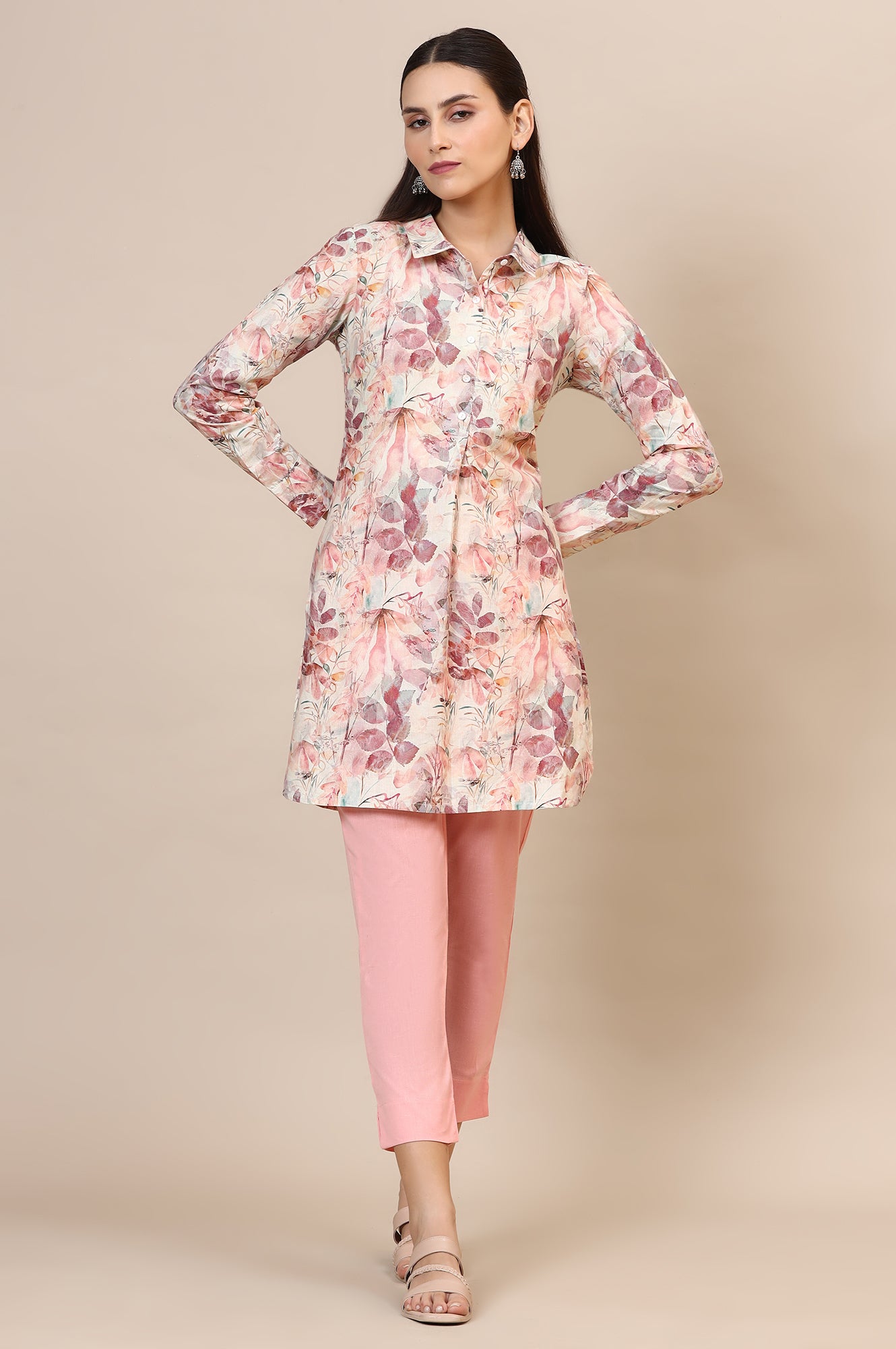 Pink Solid Slim Fit Cotton Trousers With Elasticated Waist