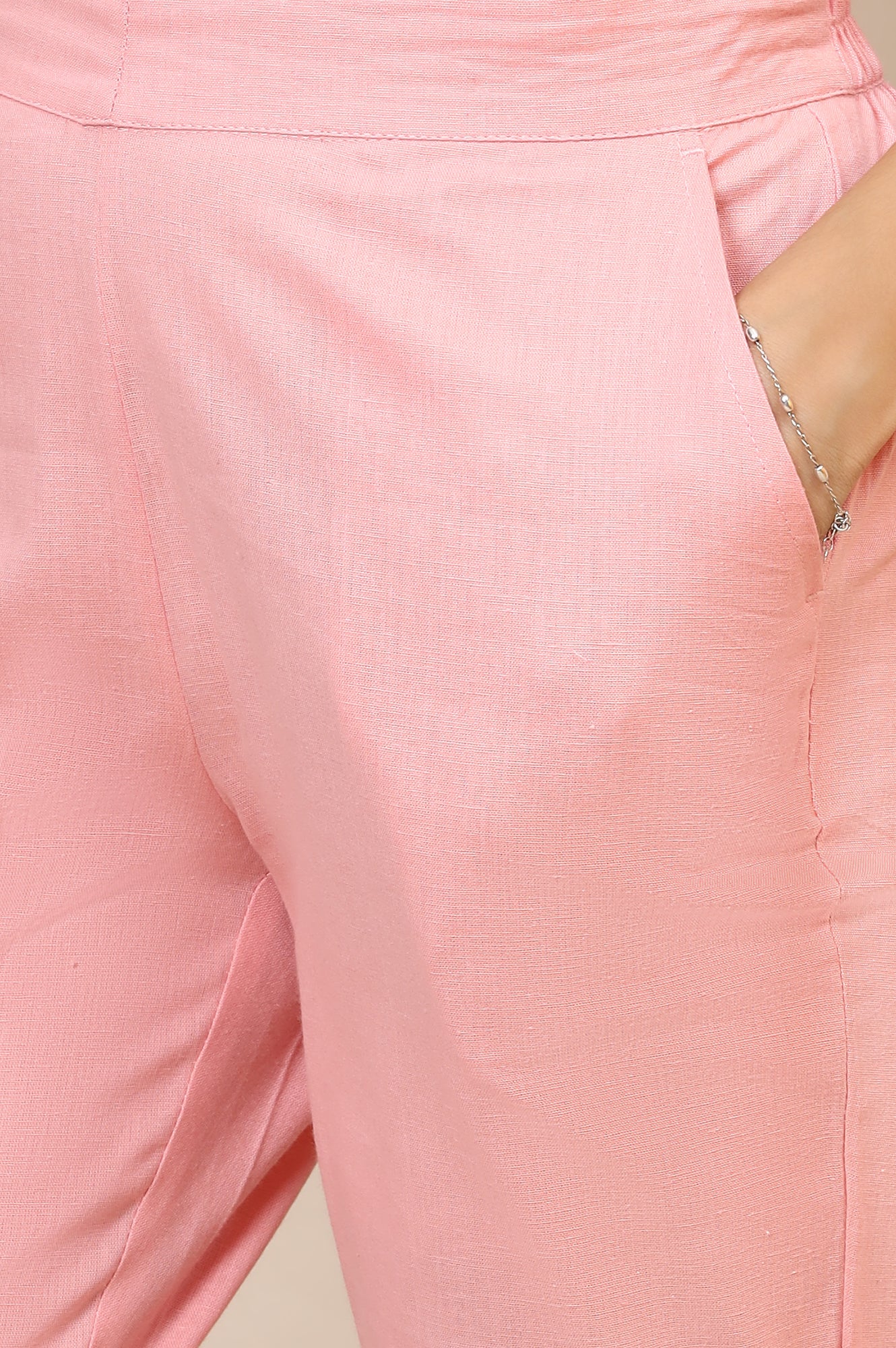 Pink Solid Slim Fit Cotton Trousers With Elasticated Waist