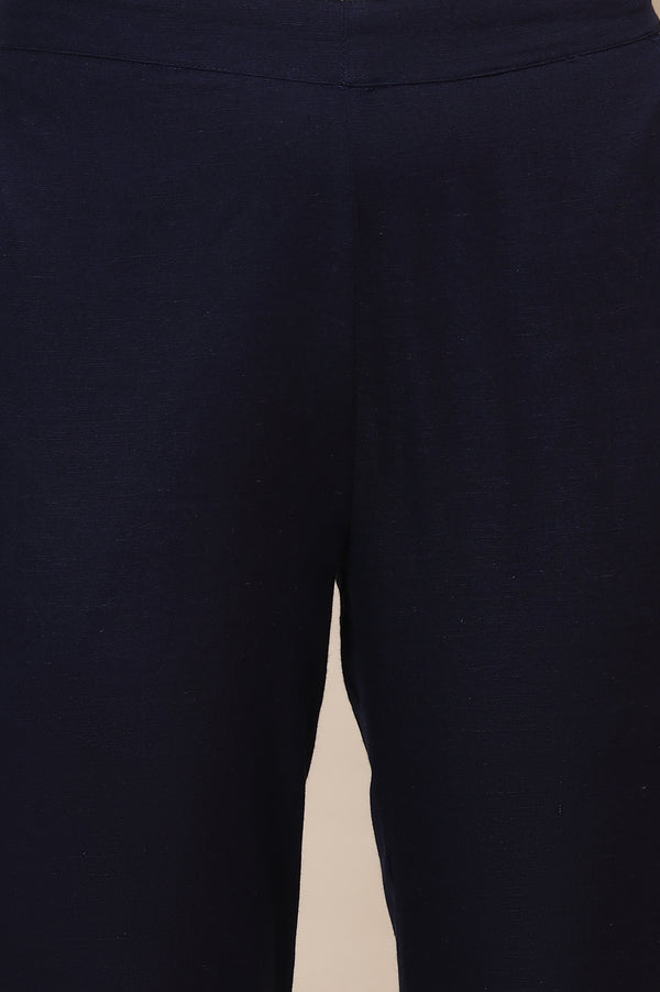 Elleven Women's Blue Solid Slim Fit Cotton Trousers With Elasticated Waist